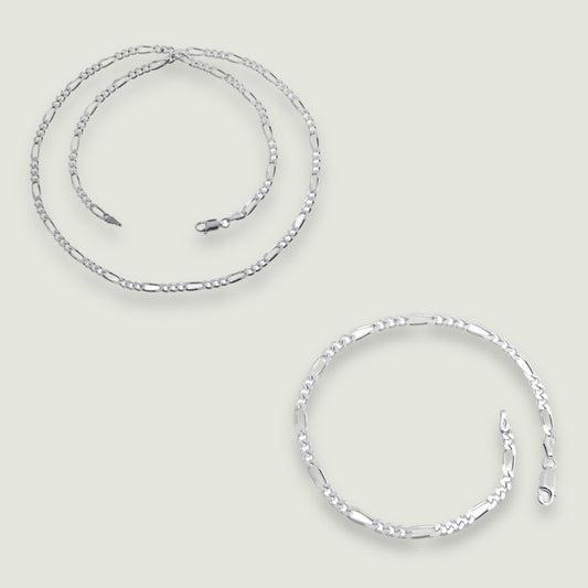 925 Silber 3,4mm Figarro Armband + Kette